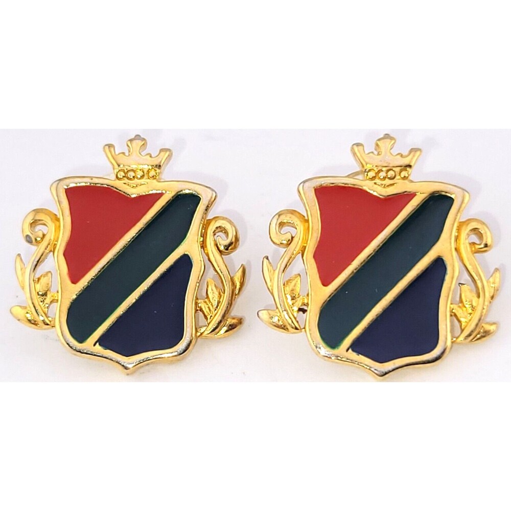 Vintage Red Green Black Enamel Heraldic Shield Crown Pierced Earrings 1"